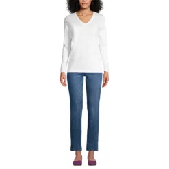 Supima® Langarm-Shirt Mit V-Ausschnitt Für Damen -Lands' End Verkaufsgeschäft 424643 LEPP F1 WHI