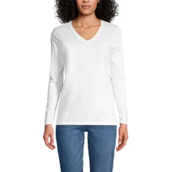 Supima® Langarm-Shirt Mit V-Ausschnitt Für Damen -Lands' End Verkaufsgeschäft 424643 LEPP FF WHI
