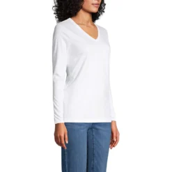 Supima® Langarm-Shirt Mit V-Ausschnitt Für Damen -Lands' End Verkaufsgeschäft 424643 LEPP FS WHI