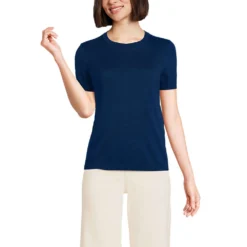 Baumwoll-Feinstrickpullover Mit Kurzen Ärmeln Für Damen -Lands' End Verkaufsgeschäft 541608 LEPP FF HME