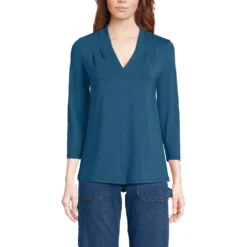 V-Shirt Aus Baumwolle/Modal-Mix Mit 3/4-Ärmeln Für Damen -Lands' End Verkaufsgeschäft 543395 LEPP FF 9BA